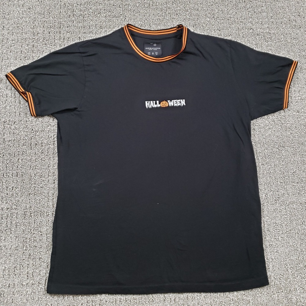 Denim & Flower T-Shirt Mens S Black Halloween Pumpkin Orange Ringer Tee